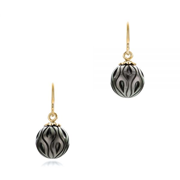 Carved Tahitian Black Pearl Calla Lily Earrings - Image