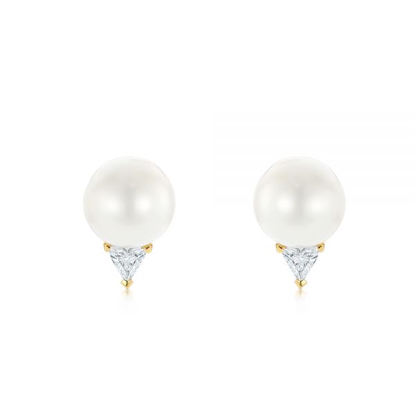 Round Pearl and Triangle Diamond Stud Earrings - Image