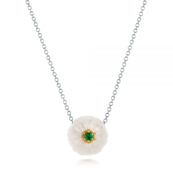 Lily Fresh Water Carved Pearl and Emerald Pendant - Image