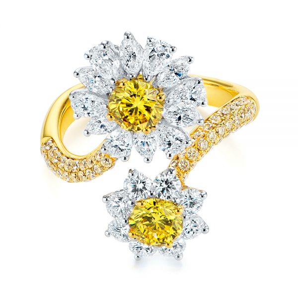 Yellow And White Diamond Floral Fashion Ring - Flat View -  105668