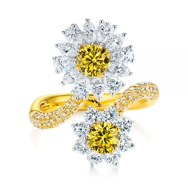 Yellow And White Diamond Floral Fashion Ring - Top View -  105668