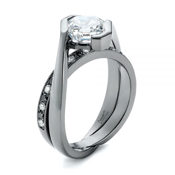  14K Gold Custom Black And White Diamond Engagement Ring - Three-Quarter View -  103342