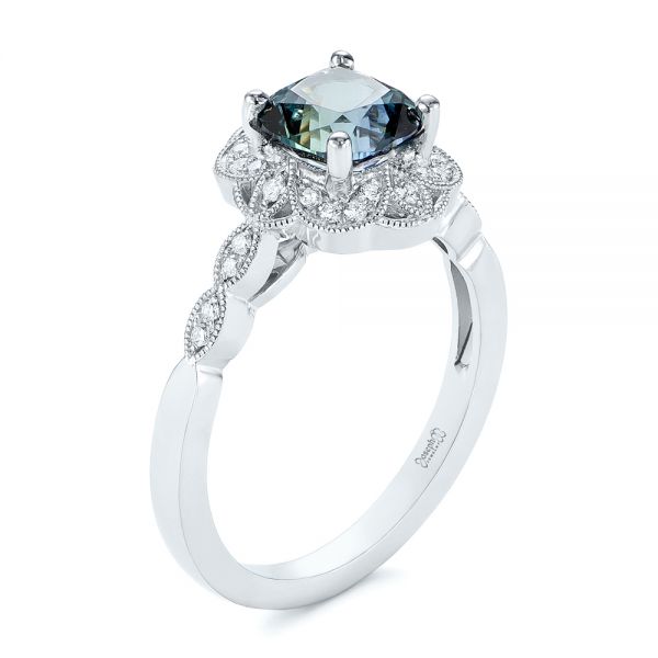  Platinum Custom Blue-green Montana Sapphire And Diamond Engagement Ring - Three-Quarter View -  104785