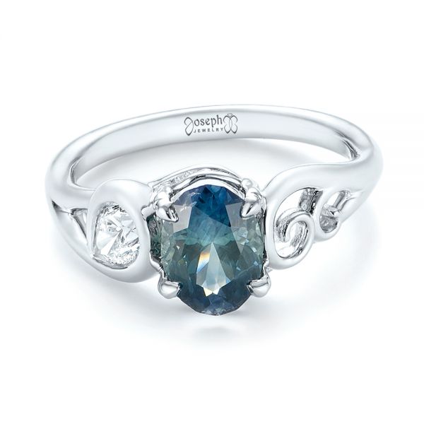  Platinum Custom Blue-green Sapphire And Diamond Engagement Ring - Flat View -  103450