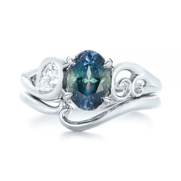  Platinum Custom Blue-green Sapphire And Diamond Engagement Ring - Top View -  103450