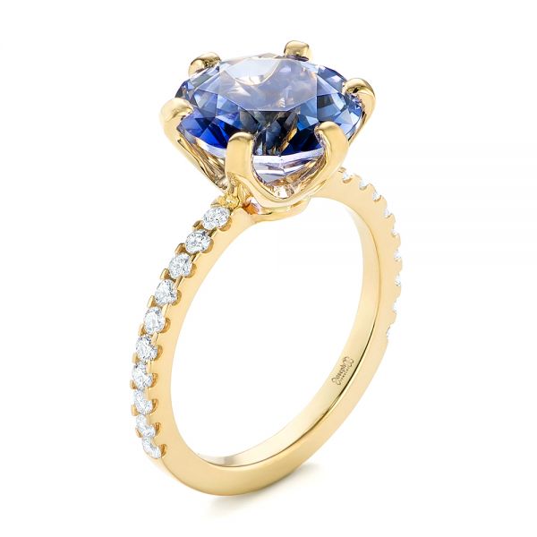 14k Yellow Gold Custom Blue Sapphire And Diamond Engagement Ring - Three-Quarter View -  103545