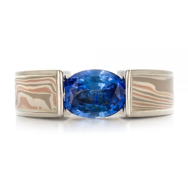 Custom Blue Sapphire and Mokume Wedding Ring - Image