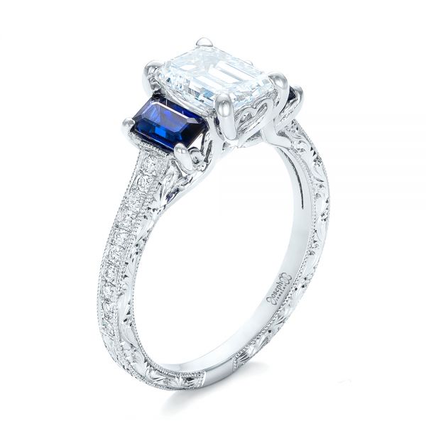  Platinum Custom Engraved Blue Sapphire And Diamond Engagement Ring - Three-Quarter View -  102110