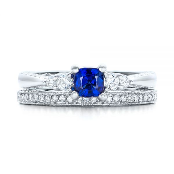 Custom Engraved Blue Sapphire and Diamond Engagement Ring - Image