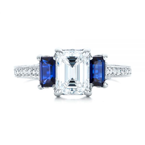  Platinum Custom Engraved Blue Sapphire And Diamond Engagement Ring - Top View -  102110