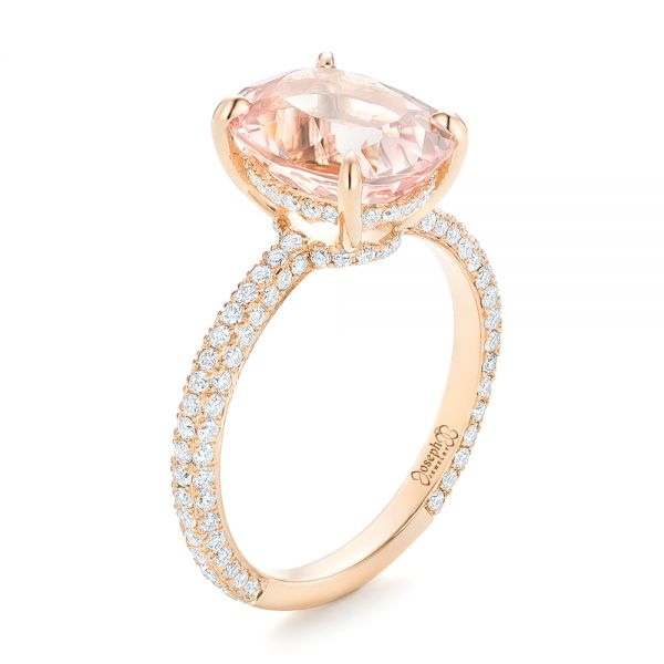 18k Rose Gold Custom Morganite And Pave Diamond Engagement Ring - Three-Quarter View -  102749