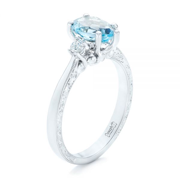 Custom Three Stone Aquamarine and Diamond Engagement Ring - Image