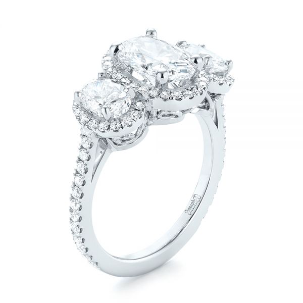 Custom Three Stone Diamond Halo Engagement Ring - Image