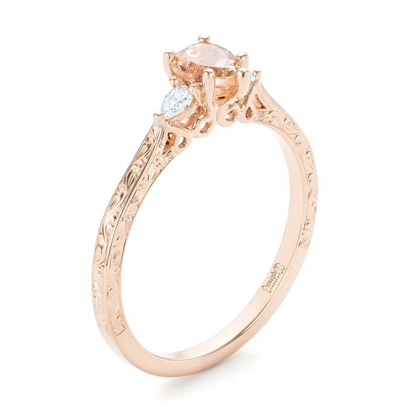 14k Rose Gold Custom Three Stone Morganite And Diamond Engagement Ring - Three-Quarter View -  102949