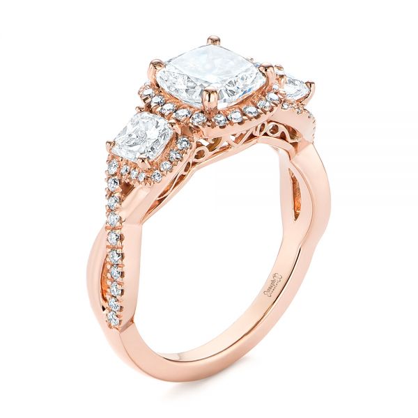 14k Rose Gold Three Stone Cushion Diamond Criss Cross Engagement Ring - Three-Quarter View -  105123
