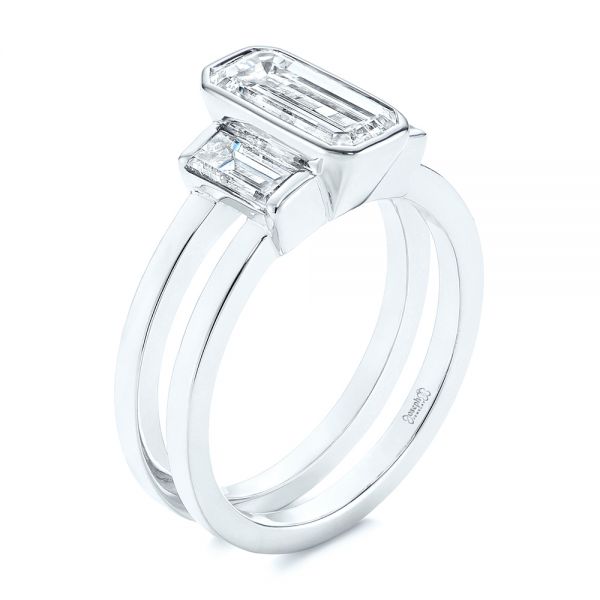 14k White Gold Three Stone Emerald Diamond Interlocking Engagement Ring - Three-Quarter View -  105864
