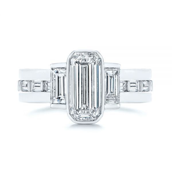 14k White Gold Three Stone Emerald Diamond Interlocking Engagement Ring - Top View -  105864