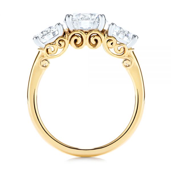14k Yellow Gold And Platinum Three Stone Filigree Diamond Engagement Ring - Front View -  106148 - Thumbnail