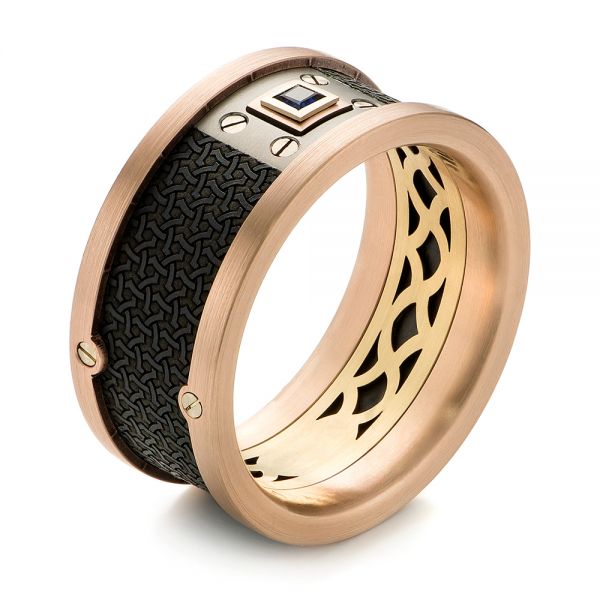 Carbon Fiber Inlay, Gold and Blue Sapphire Wedding Band - Image