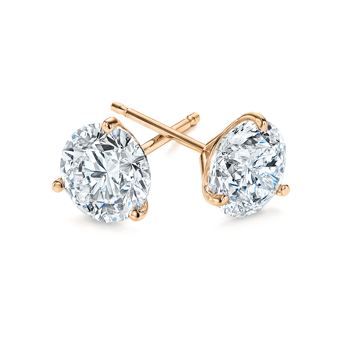 Rose Gold 3-Prong Natural Diamond Earrings (3 ctw.) - Three Quarter View Thumbnail