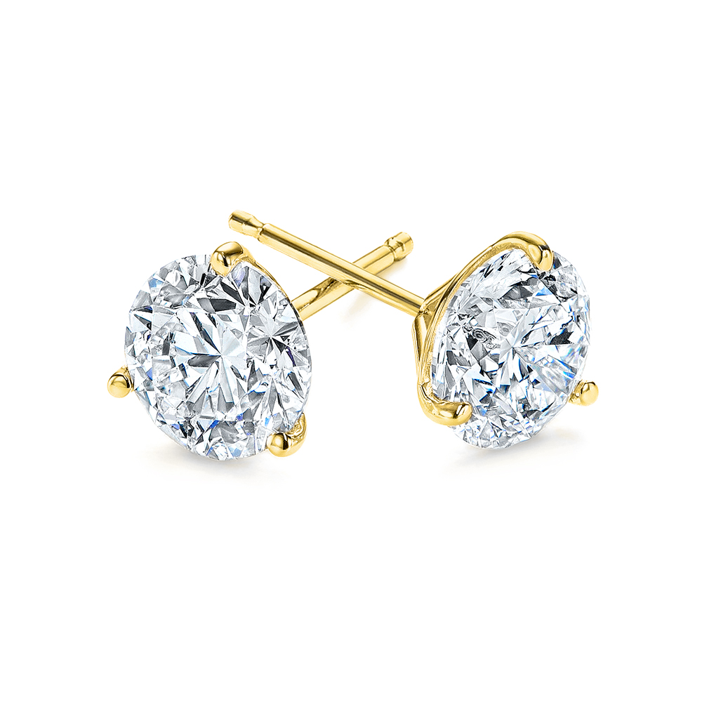 Yellow Gold 3-Prong Natural Diamond Earrings (1.25 ctw.) - Three Quarter View Thumbnail