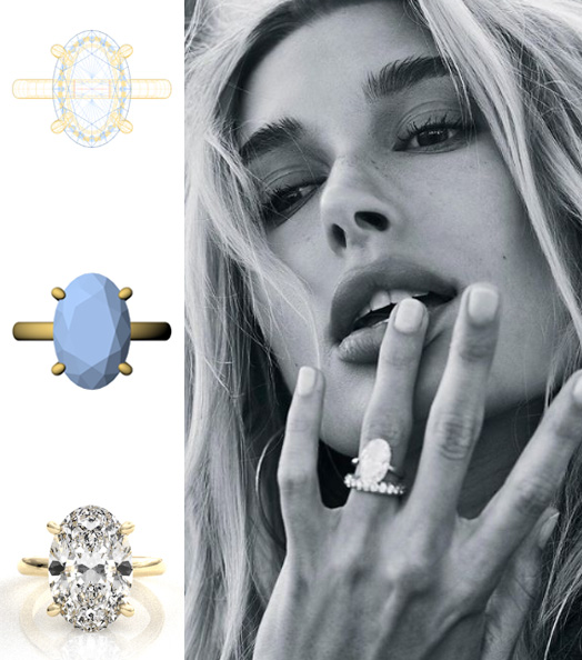 Photo Collage of Hailey Bieber's Wedding Set and Joseph Jewelry Re-designed Oval Engagement Ring