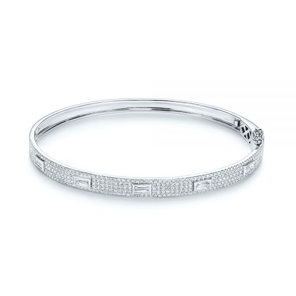 14k White Gold Baguette Diamond And Pave Bangle - Three-Quarter View -  106066