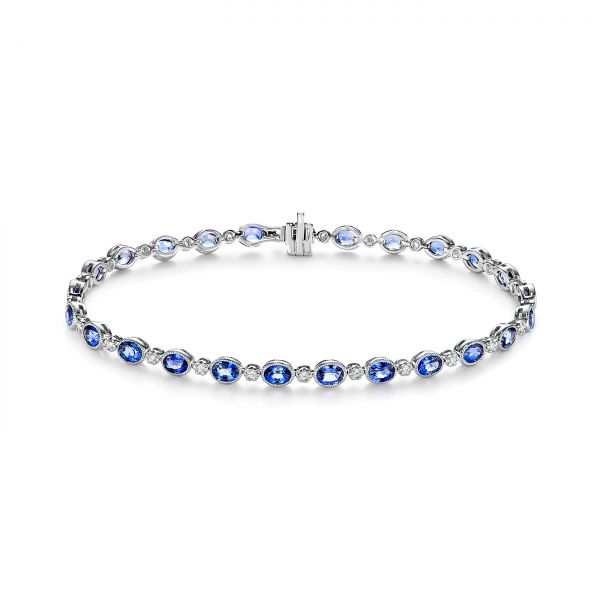 14k White Gold Blue Sapphire And Diamond Bracelet - Three-Quarter View -  105931