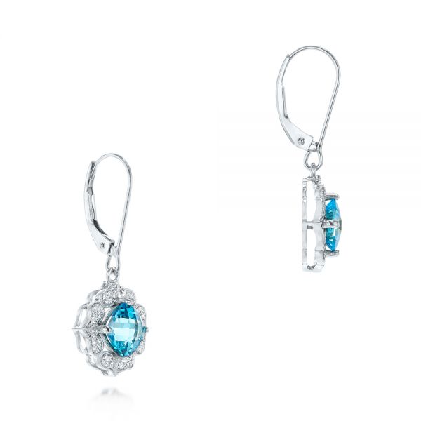14k White Gold Blue Topaz And Diamond Halo Earrings - Front View -  103586