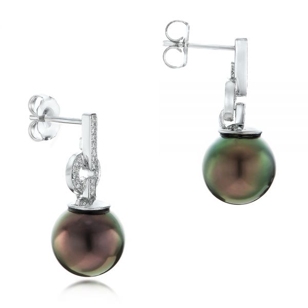 14k White Gold Custom Tahitian Pearl And Diamond Earrings - Front View -  102083