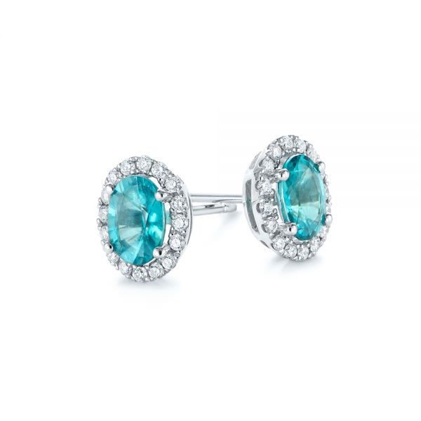 14k White Gold Oval Blue Zircon And Diamond Halo Earrings - Front View -  105010