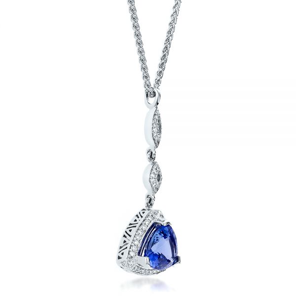 14k White Gold Blue Sapphire And Diamond Pendant - Flat View -  100079