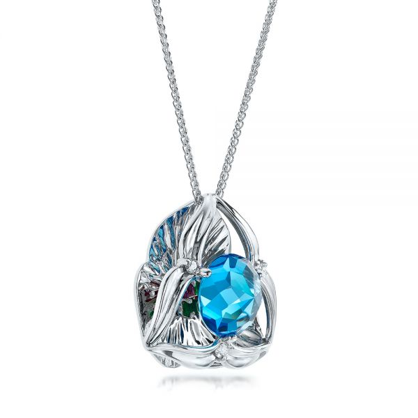 14k White Gold Blue Topaz Pendant - Flat View -  101122