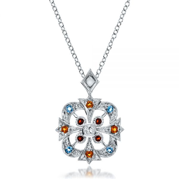 14k White Gold Custom Colored Stones Pendant - Three-Quarter View -  100066