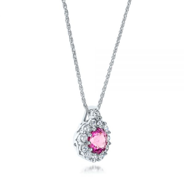 Pink Sapphire w/ Diamond Halo Pendant Necklace 14K White Gold