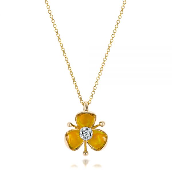 14k Yellow Gold Diamond And Yellow Opal Flower Pendant - Three-Quarter View -  101976