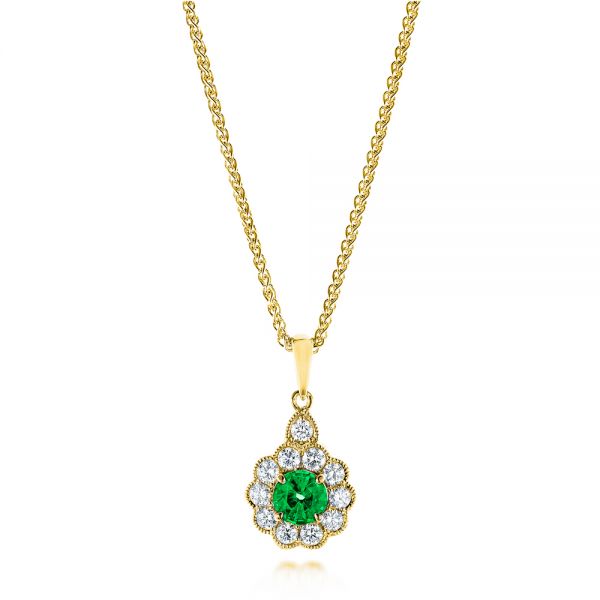 18k Yellow Gold 18k Yellow Gold Emerald And Diamond Halo Pendant - Three-Quarter View -  106452