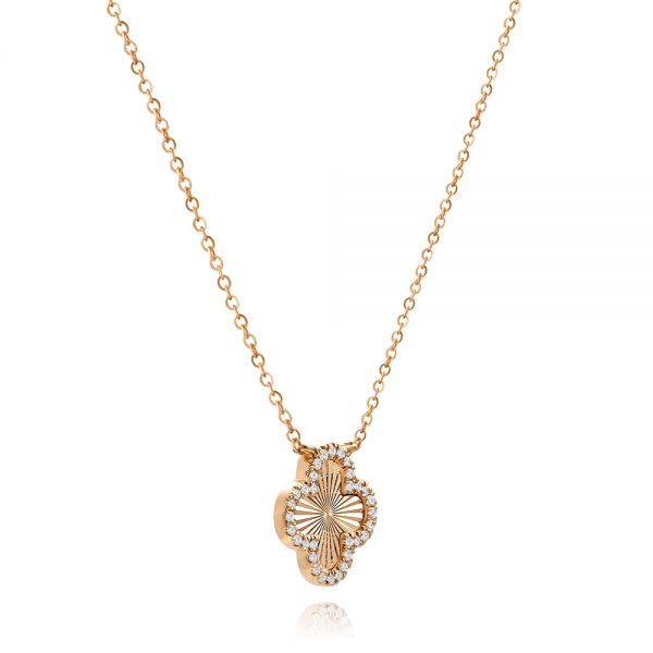 18k Rose Gold 18k Rose Gold Fluted Clover Diamond Necklace - Flat View -  107760