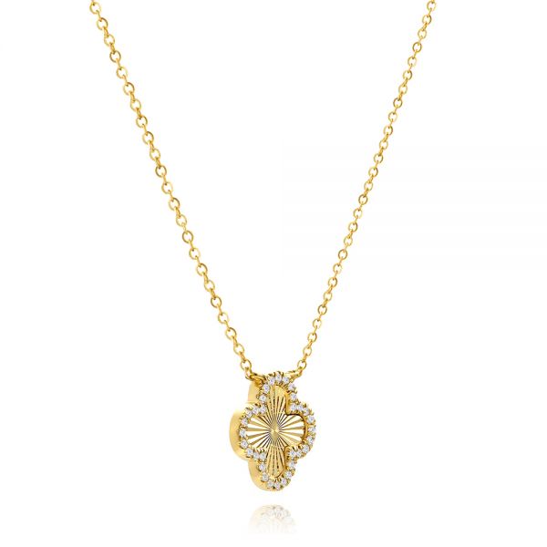 14k Yellow Gold Fluted Clover Diamond Necklace - Flat View -  107760