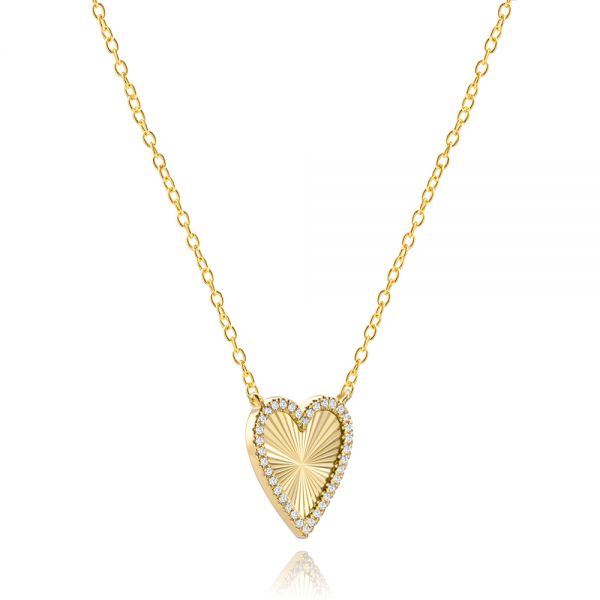 14k Yellow Gold Fluted Heart Diamond Necklace - Flat View -  107762