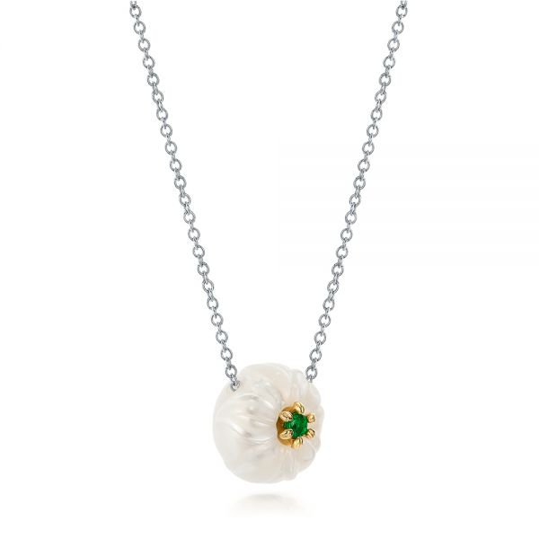 18k Yellow Gold And Platinum 18k Yellow Gold And Platinum Lily Fresh Water Carved Pearl And Emerald Pendant - Flat View -  101969