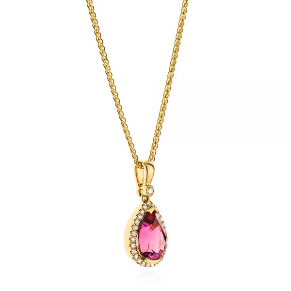 14k Yellow Gold Pear Pink Tourmaline And Diamond Halo Pendant - Flat View -  106005