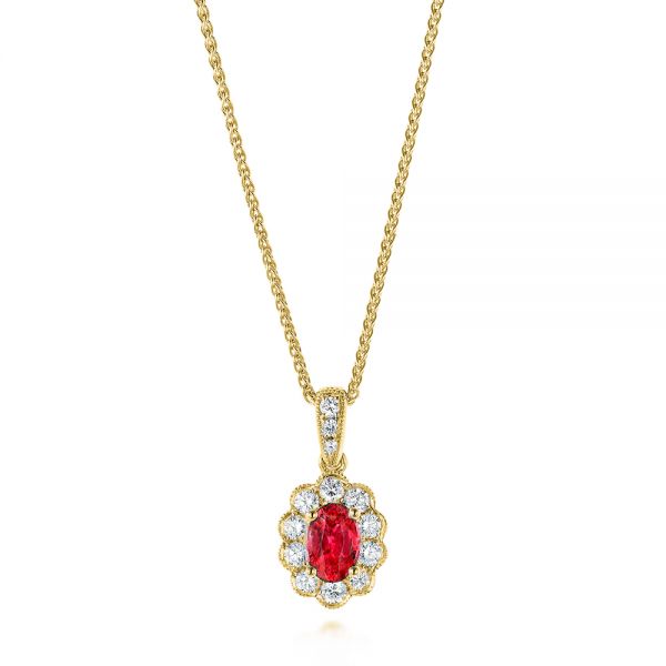 18k Yellow Gold 18k Yellow Gold Ruby And Diamond Halo Pendant - Three-Quarter View -  106442