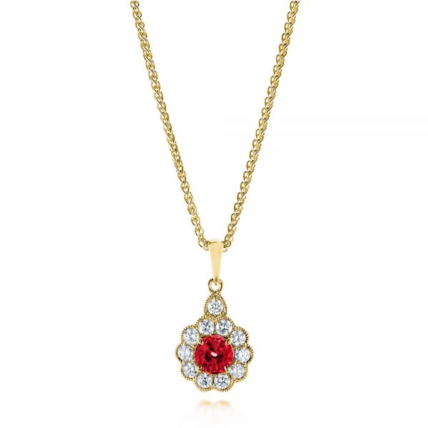 14k Yellow Gold 14k Yellow Gold Ruby And Diamond Halo Pendant - Three-Quarter View -  106456