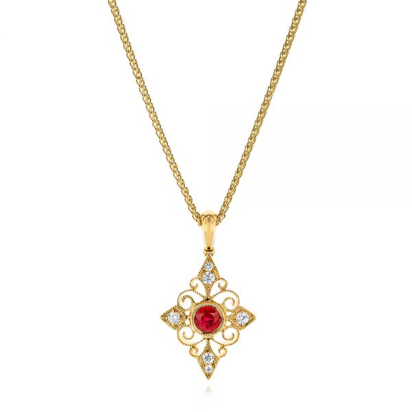 14k Yellow Gold 14k Yellow Gold Vintage-inspired Ruby And Diamond Filigree Pendant - Three-Quarter View -  106007