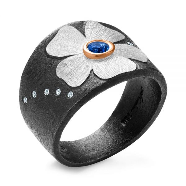 Bezel Set Blue Sapphire And Diamond Flower Ring - Three-Quarter View -  107099