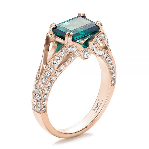 18k Rose Gold 18k Rose Gold Custom Emerald And Diamond Ring - Three-Quarter View -  100653