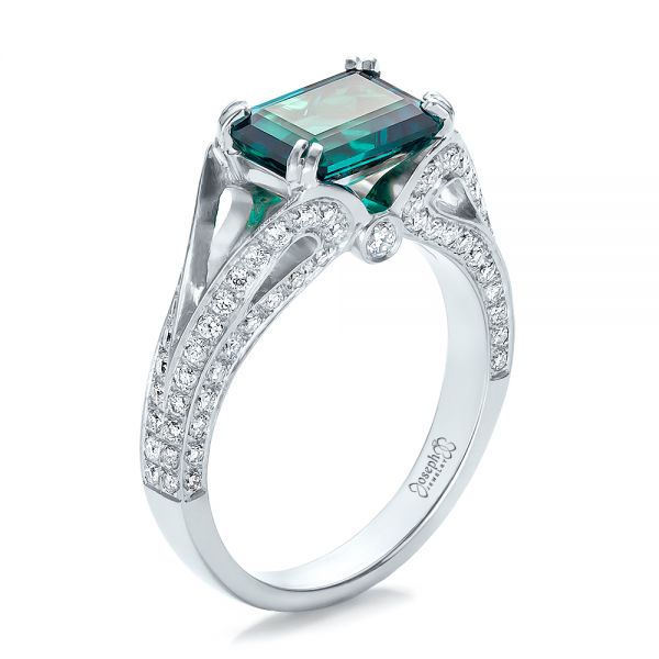 14k White Gold 14k White Gold Custom Emerald And Diamond Ring - Three-Quarter View -  100653