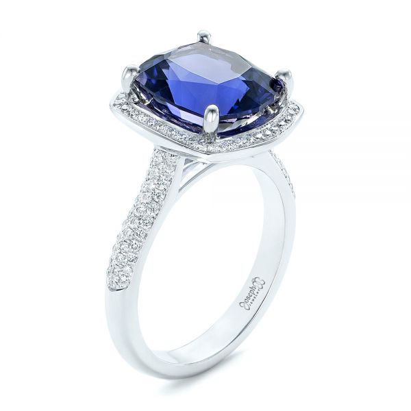 18k White Gold 18k White Gold Custom Iolite And Diamond Halo Fashion Ring - Three-Quarter View -  102803