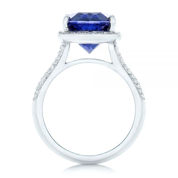 14k White Gold Custom Iolite And Diamond Halo Fashion Ring - Front View -  102803